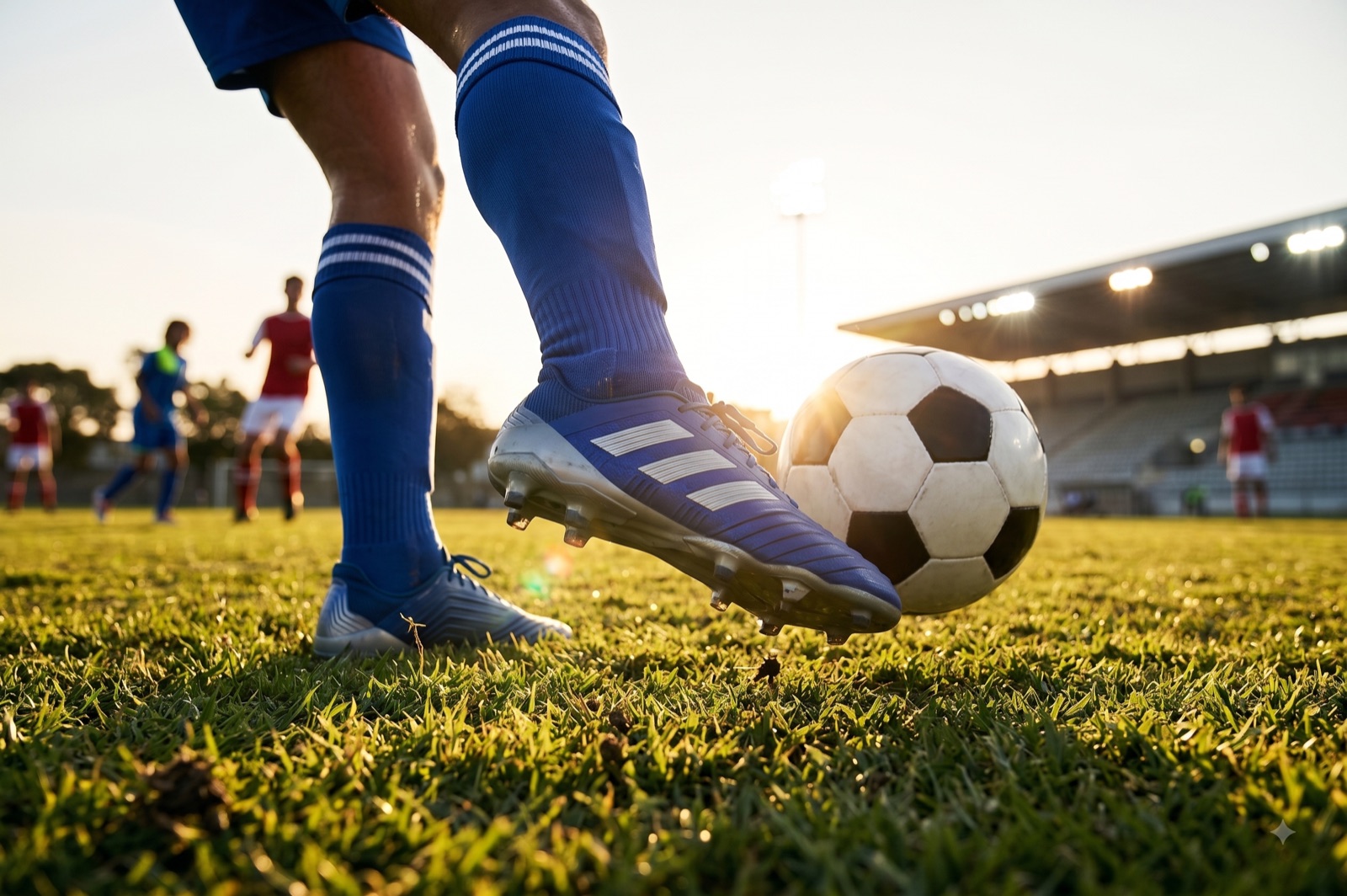 夕暮れのグラウンドでボールを蹴るサッカー選手